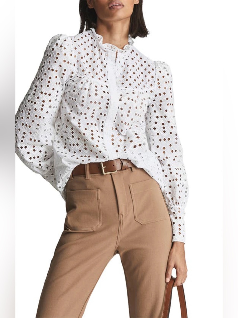Reiss Yasmin Embroidered Top in white cotton-blend size US 8